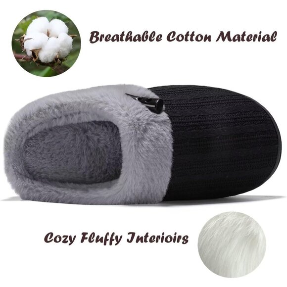 Women's Black Gray Scuff Faux Fur Lining Memory Warm Foam Plush Slippers Shoes - Picture 3 of 8